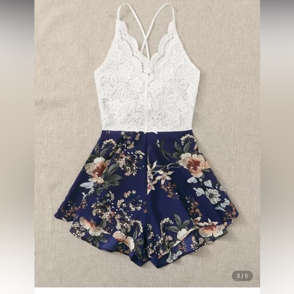 Pants - Lace Top Floral Romper SHEIN